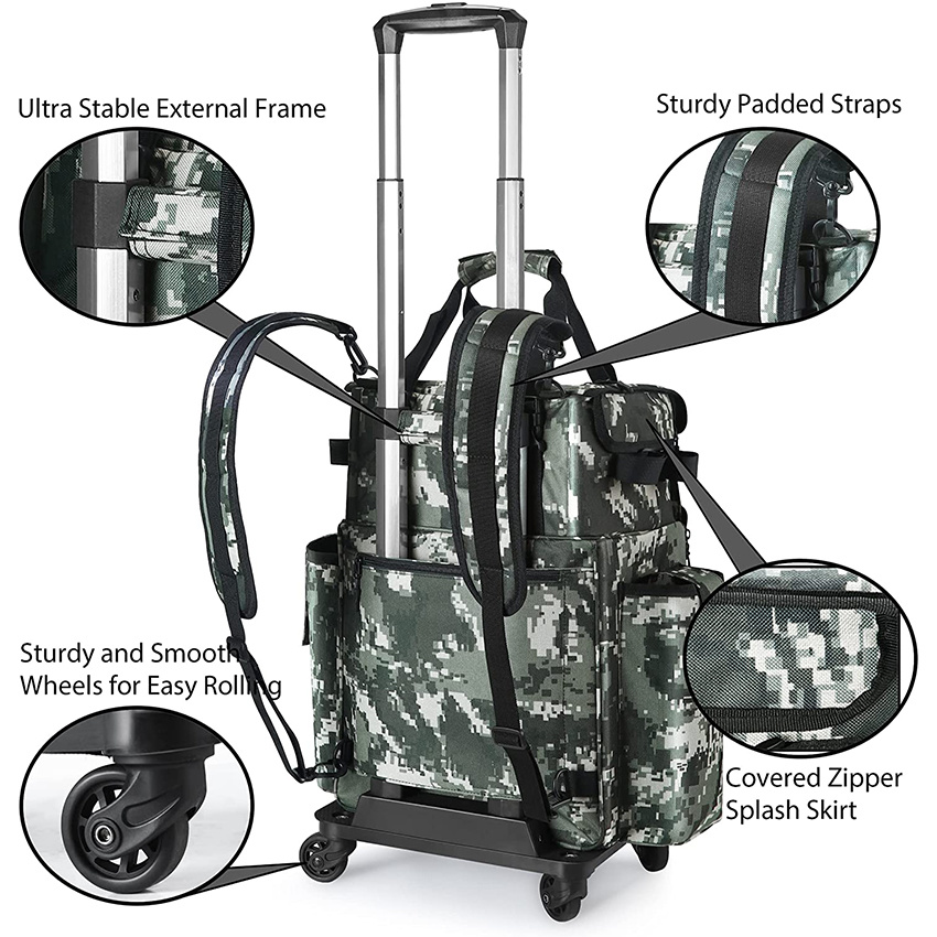 Rolling Fishing Tackle Bags with Rod Holder Backpack Removable Wheels and Fishing Cart Waterproof Fishing Organizer Pack with Rod Case Fishing Gear Bag