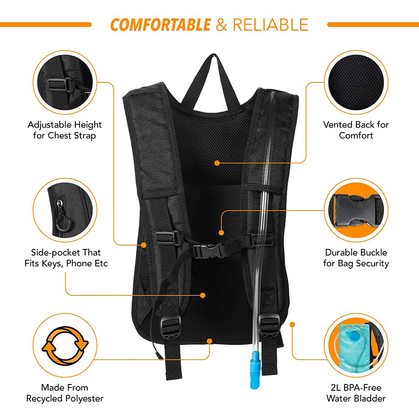 Hydration Backpack Pack From Recycled Polyester - 2L Bladder for Women Men Rave Hydration Backpack