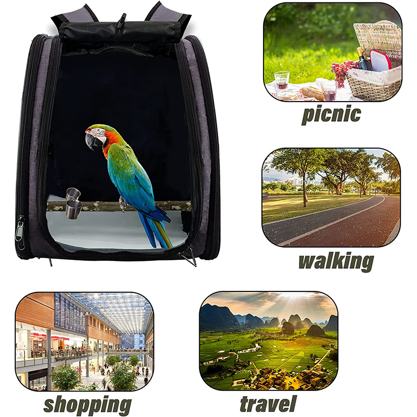 Bird Carrier Backpack Bag Travel Parrot Bag Cage with Portable Stand and Feeding Cans Waterproof Pads Breathable