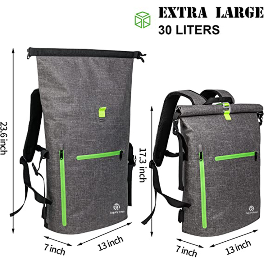 Waterproof Backpack 35L Roll Top Backpack with Airtight Zipper Pocket and Cushioned Padded Back Panel Dry Bag