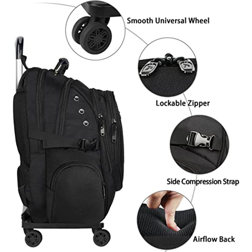 15.6 Inch Wheeled Travel Laptop Backpack on Wheels Business Bookbag Gifts for Men, Black Roller Bag