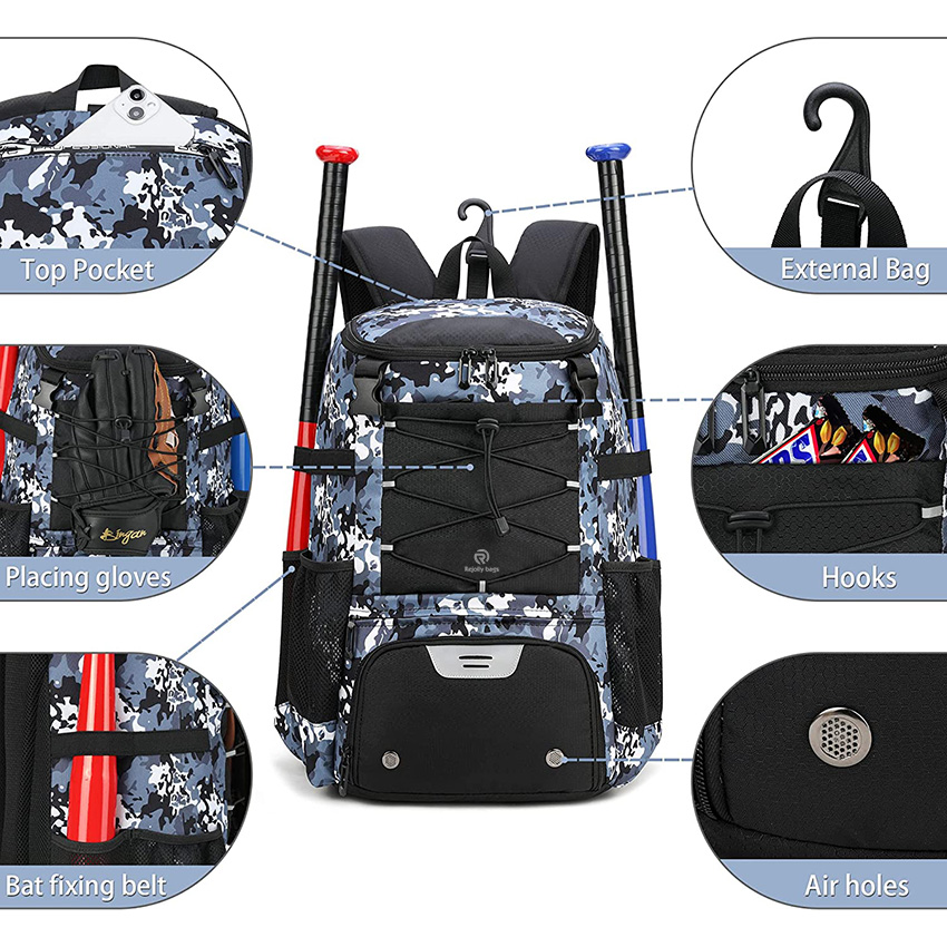 Lightweight Baseball Equipment Backpack with Shoe Compartment, Bat Backpack with Fence Hook for TBall Bat, Helmet Baseball Bag RJ19685