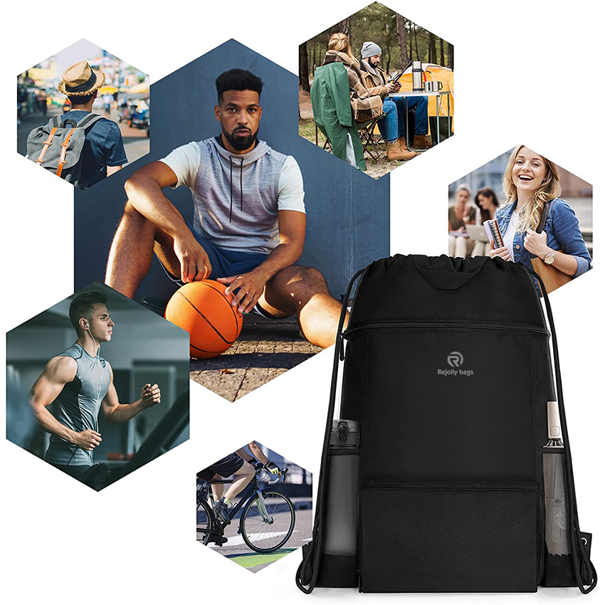 Drawstring Backpack with Mesh Pocket Sport Gym String Bag Sackpack Water Resistant Nylon Ball Bag RJ196131