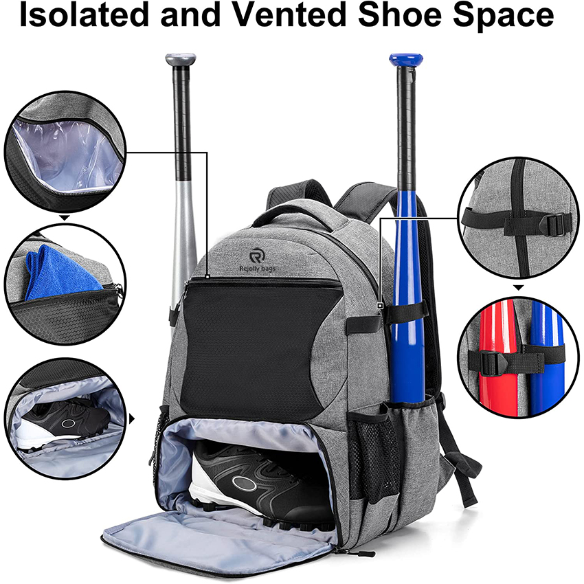 Baseball Backpack with Separate Shoe Space, Softball Bat Bag Holds Up To 4 Bats, Hence Hook And Multi Pockets for Essentials Baseball Bags RJ19650