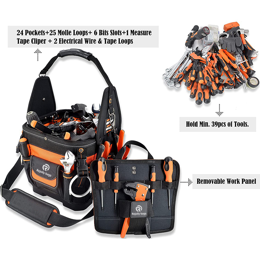 Nylon 24-Pockets Hard-Based Tool Bag, Open-Top Electrician Tool Bag, Electricians Tool Bag