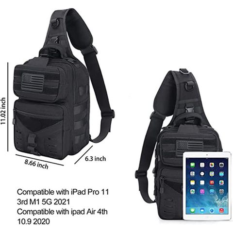 Military Style Tactical Backpack, One Shoulder Slingbag Army Assault Rucksack with USA Flag Patch for Outdoor Sports Hiking Hunting Fishing Camping Black Bag