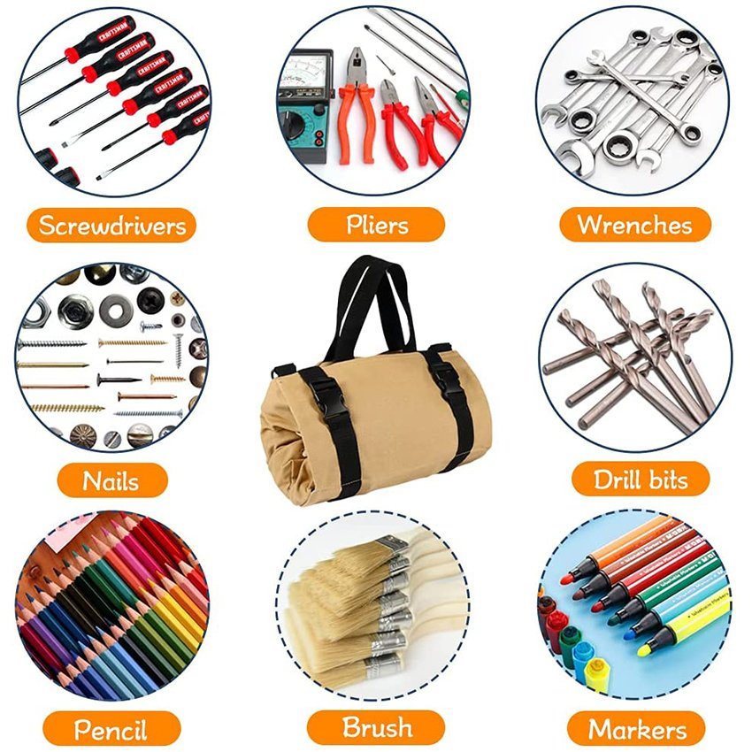 Water Resistant Tool Roll Bag with 2 Wrap Straps, Heavy Duty Roll up Tool Bag with 5 Pockets, Canvas Roll up Tool Bag