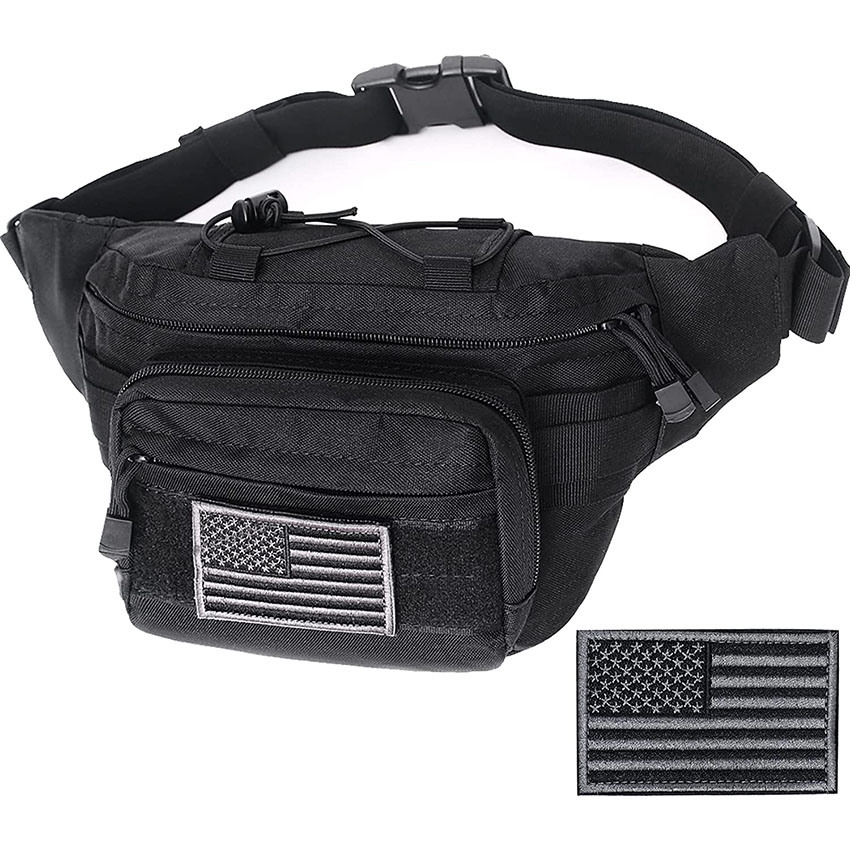 Military Style Tactical Fanny Pack, Waist Bag Hip Belt Bumbag Utility Bags for Outdoor Hiking Climbing Fishing with U. S Patch Bag