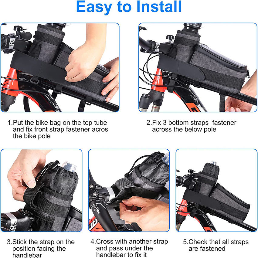 Bike Phone Front Frame Bag with Water Bottle Holder Removable Insulated Handlebar Bottle Cup Bag with Tighter Buckle Bicycle