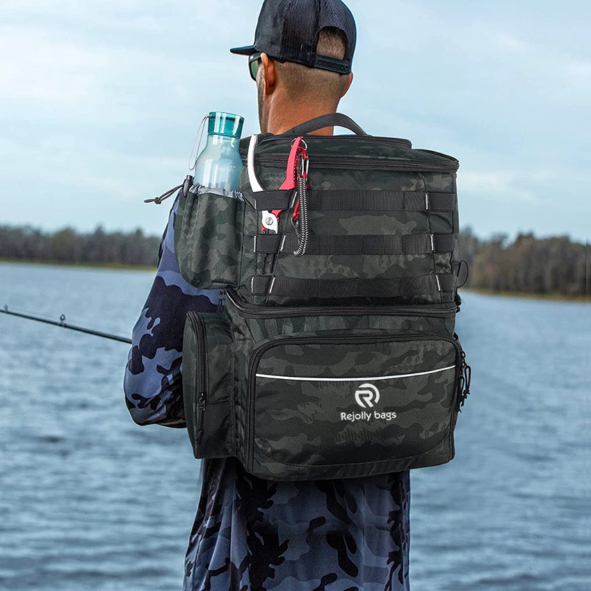 Large Fishing Bag with Rod Holders for 4 Trays Saltwater Resistant Tackle Bag with Waterproof Bottom for Storage Gear Fishing Rod Bags