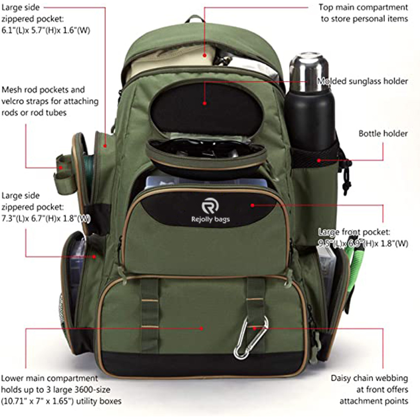 Fishing Tackle Backpack Water Resistant Lightweight Tactical Bag Soft Tackle Box with Rod Holder and Protective Rain Cover Fishing Rod Bags