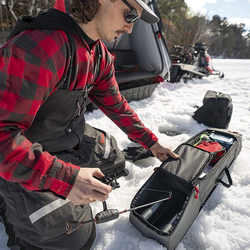 Ice Fishing Rod Locker, Holds Four Rods up to 32", Zippered Middle Gear Locker for Secure Extra Storage Fishing Rod Bag